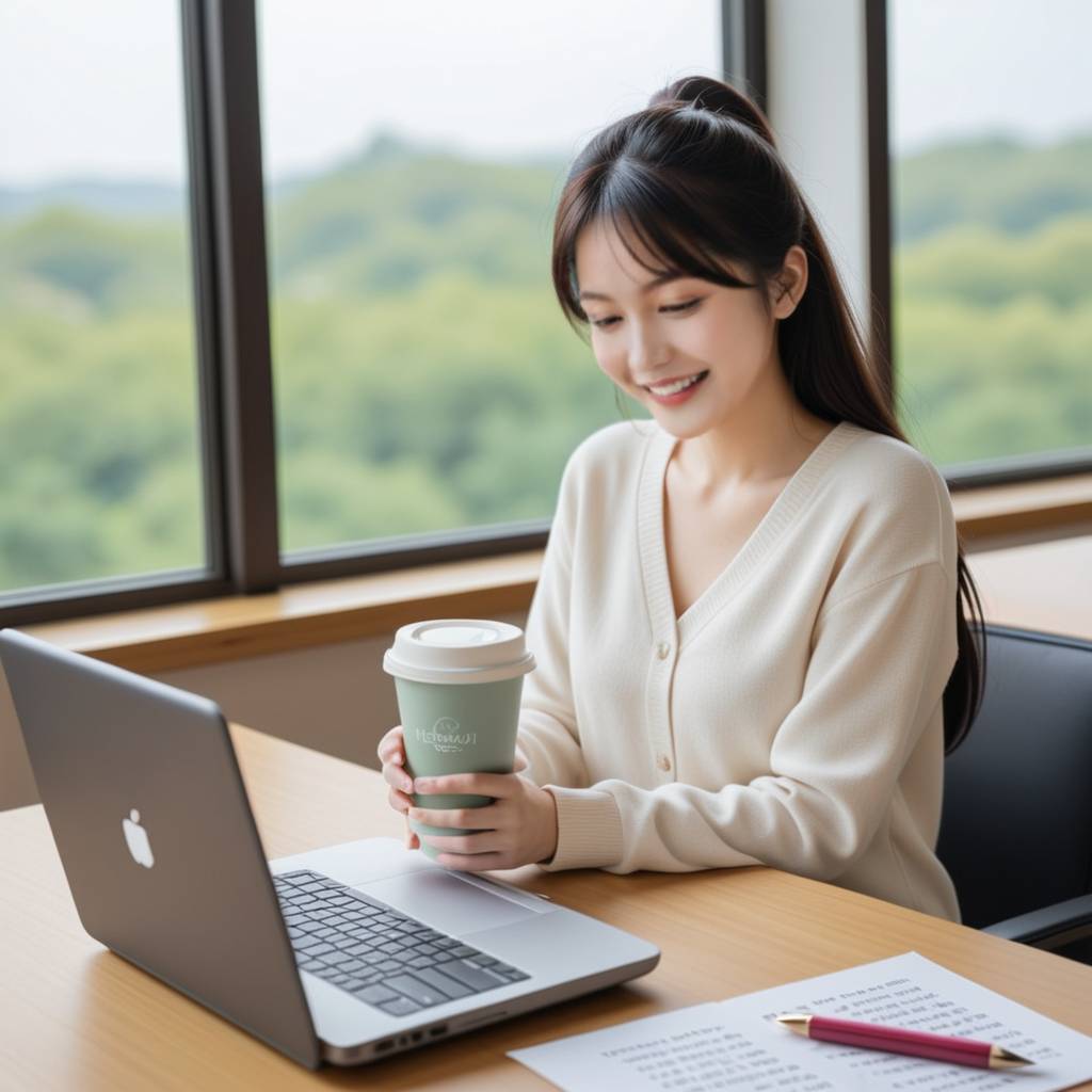 一个女生正在办公室忙碌地工作，电脑屏幕前放着一杯饮料和一些小零食，露出甜蜜惊喜的笑容
